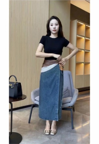 New style waist-tie slit denim design skirt