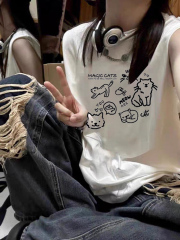 高質量純棉220克19支精梳緊密印花寬鬆大版無袖坎肩背心恤女