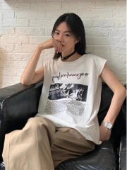 高質量純棉220克19支精梳緊密印花寬鬆大版無袖坎肩背心恤女