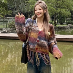 Forest-Style Striped V-Neck Fringe Knit Cardigan Women's Early Autumn New Arrival Unique and Special Top Excellent