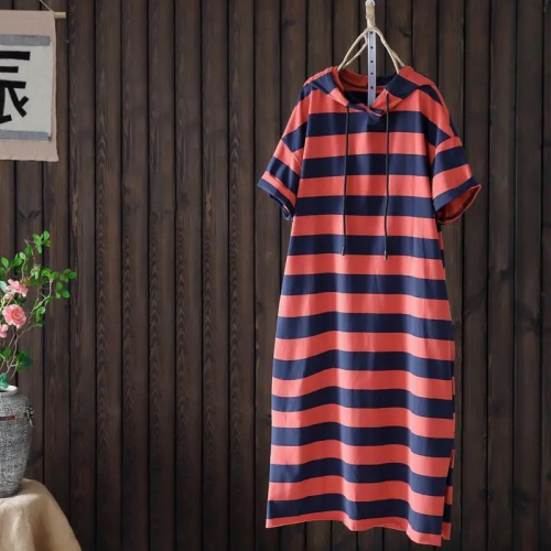 Large size striped T-shirt dress summer new pullover hooded hip mid-length dress