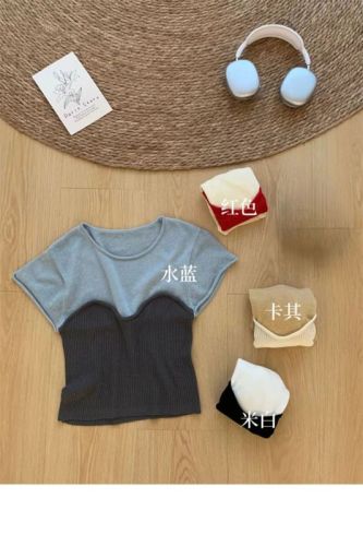 Summer temperament slim right shoulder short-sleeved T-shirt for women 2024 design gentle and unique round neck fake two-piece bottoming shirt