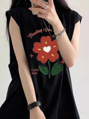 高質量純棉220克19支精梳緊密印花寬鬆大版無袖坎肩背心恤女