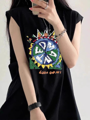 高質量純棉220克19支精梳緊密印花寬鬆大版無袖坎肩背心恤女