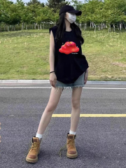 高質量純棉220克19支精梳緊密印花寬鬆大版無袖坎肩背心恤女