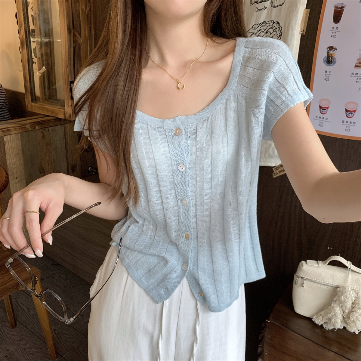 實拍 夏季韓版寬鬆氣質坑條貝母扣開衫竹節麻針織短袖上衣女