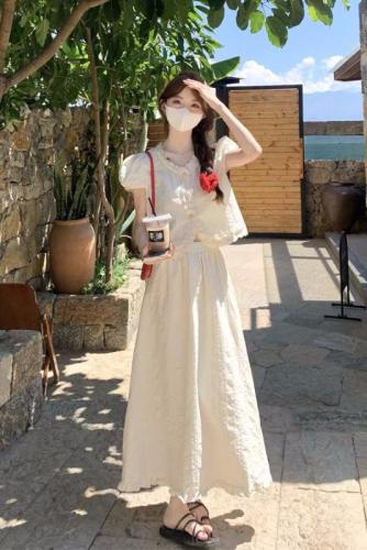 Actual shot of 2024 new summer style Xiaoxiangfeng short-sleeved shirt for women lace A-line skirt two-piece suit