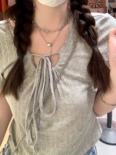 Actual shot~ Lace-up T-shirt for summer women's new design niche round neck suspender one-shoulder short top