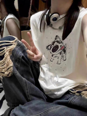 高質量純棉220克19支精梳緊密印花寬鬆大版無袖坎肩背心恤女