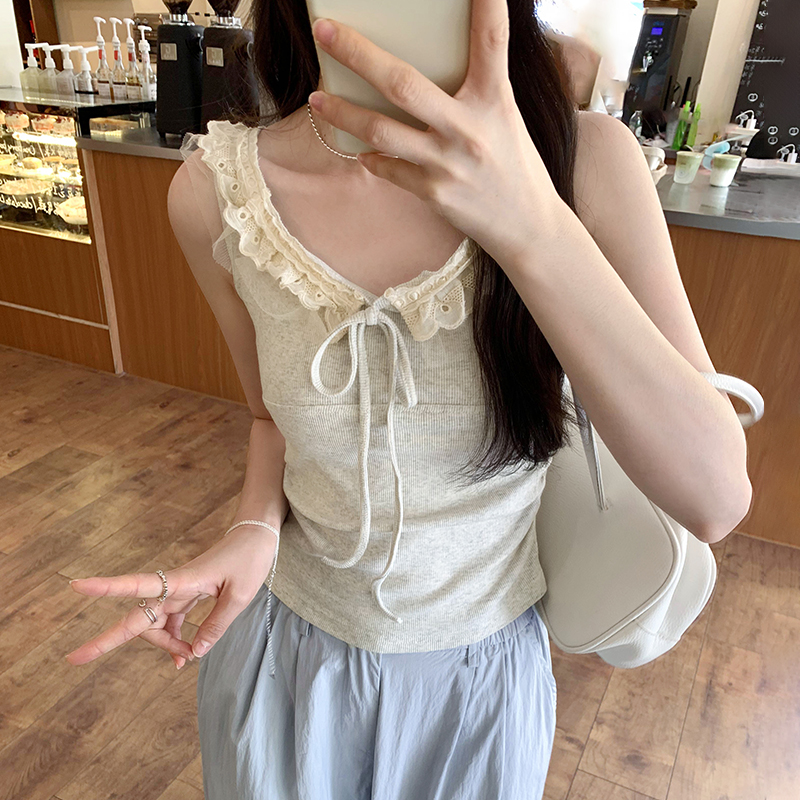 Photographed French-style lace border tie-up women's summer sweet and spicy niche waist-cinch pleated slimming top