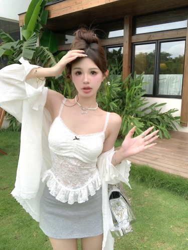 Actual shot ~ Women's lace sunscreen shirt + bow lace camisole + skirt three-piece set