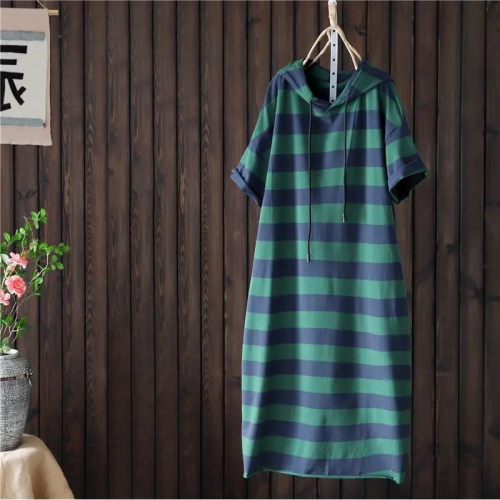 Large size striped T-shirt dress summer new pullover hooded hip mid-length dress