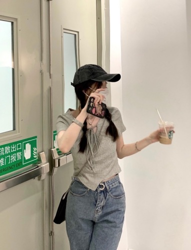 Actual shot~ Lace-up T-shirt for summer women's new design niche round neck suspender one-shoulder short top