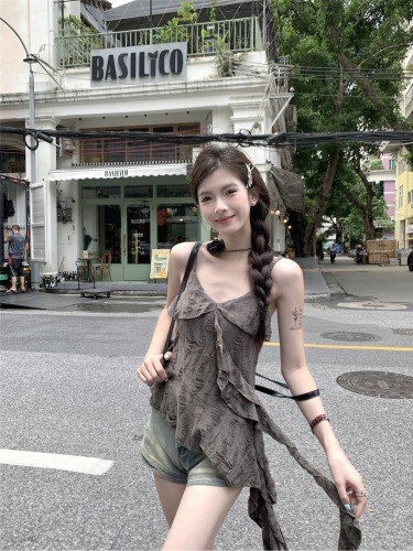 Real shot ~ Retro irregular ruffled patchwork distressed camisole top with unique summer design