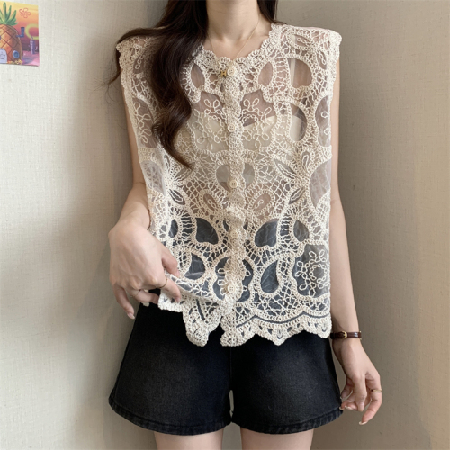 Actual shot of new style small fragrant knitted cardigan crocheted hollow lace vest jacquard contrast color sleeveless top for women