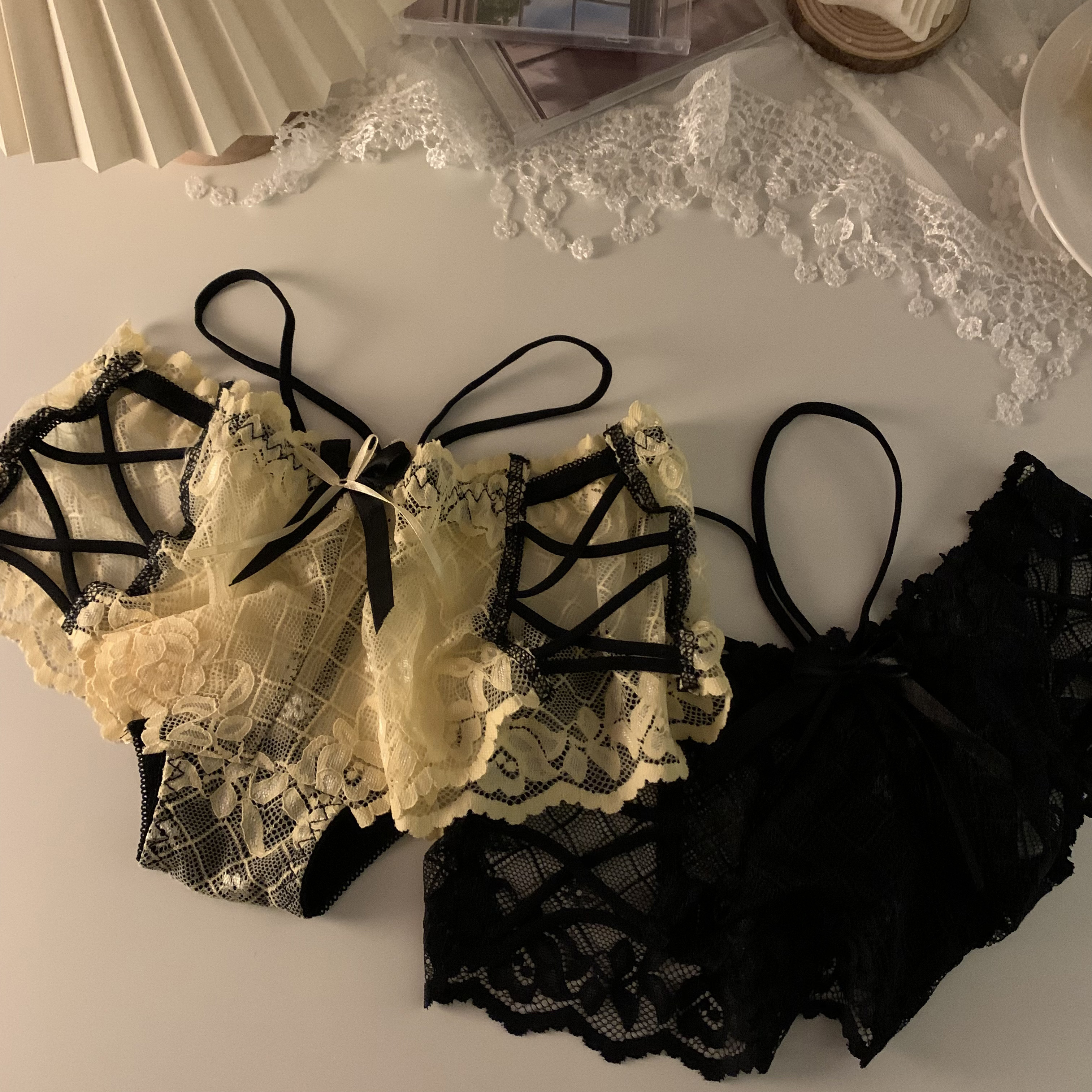 實拍 性感蕾絲打底三角褲網紗蝴蝶結日系透氣中腰內褲女2條裝