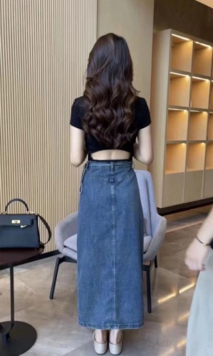 New style waist-tie slit denim design skirt