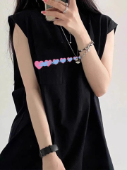 高質量純棉220克19支精梳緊密印花寬鬆大版無袖坎肩背心恤女