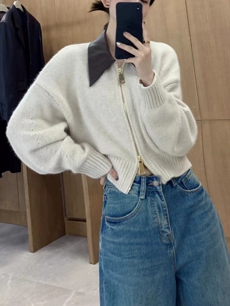 歐貨高級感皮POLO領拼接針織開衫雙頭拉鏈慵懶風毛衣外套女XX
