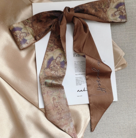 French silk scarf bow tied hair retro Chinese style oil painting silk scarf headband women tied headscarf long ribbon Korean version