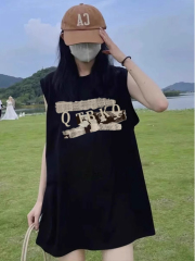 高質量純棉220克19支精梳緊密印花寬鬆大版無袖坎肩背心恤女