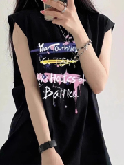 高質量純棉220克19支精梳緊密印花寬鬆大版無袖坎肩背心恤女