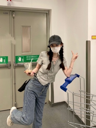 Actual shot~ Lace-up T-shirt for summer women's new design niche round neck suspender one-shoulder short top