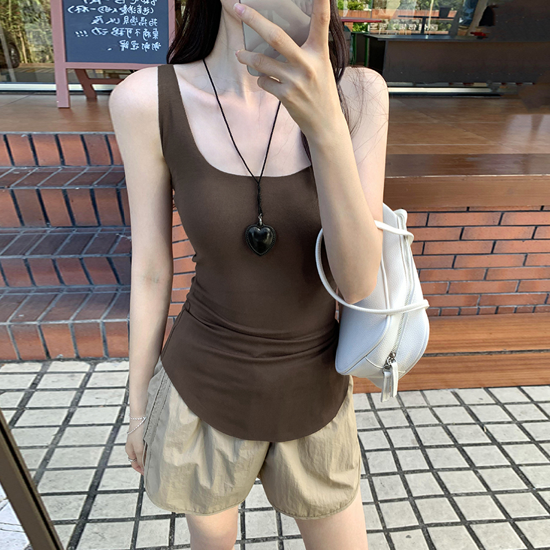 實拍圖散邊方領中長款無袖背心女夏季2024新款外穿內搭打底上衣