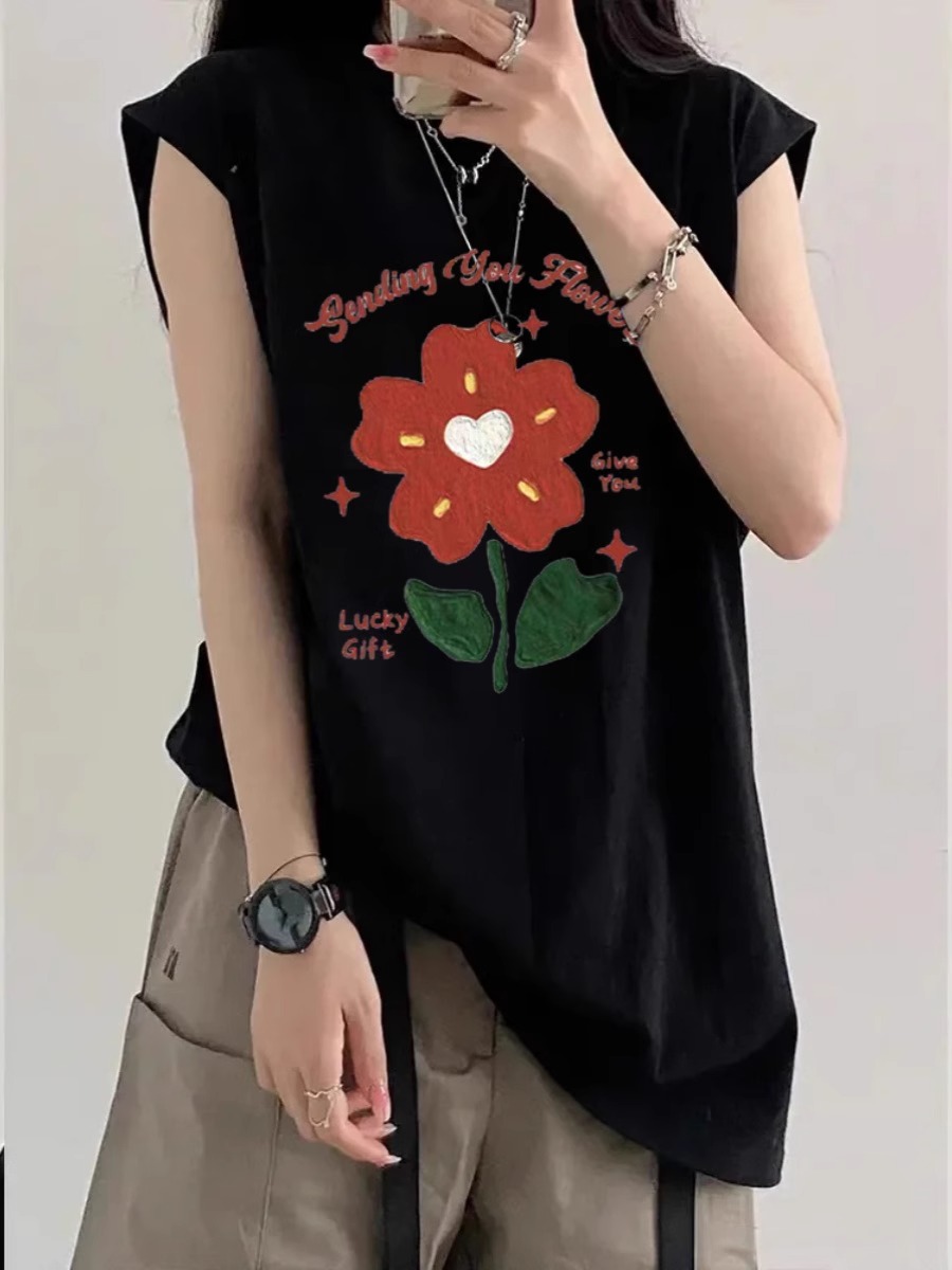 高質量純棉220克19支精梳緊密印花寬鬆大版無袖坎肩背心恤女