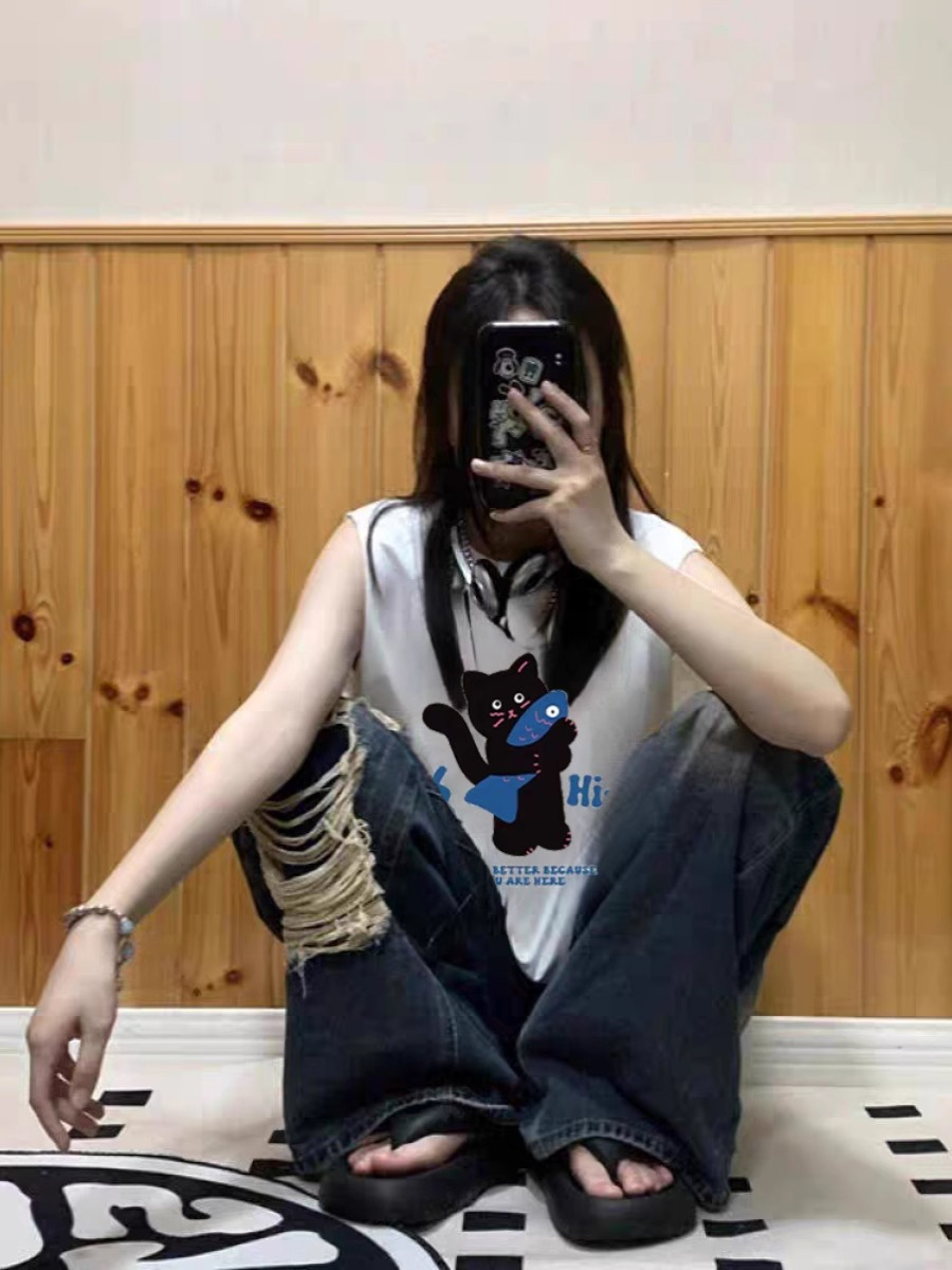 高質量純棉220克19支精梳緊密印花寬鬆大版無袖坎肩背心恤女