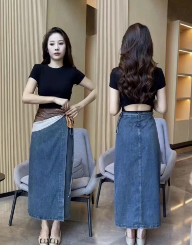 New style waist-tie slit denim design skirt