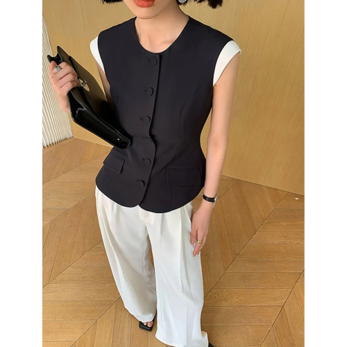 Quality Inspection Official Picture Sleeveless Suit Vest Women's 2024 Summer New Design Contrast Color Waist Slimming Vest Top