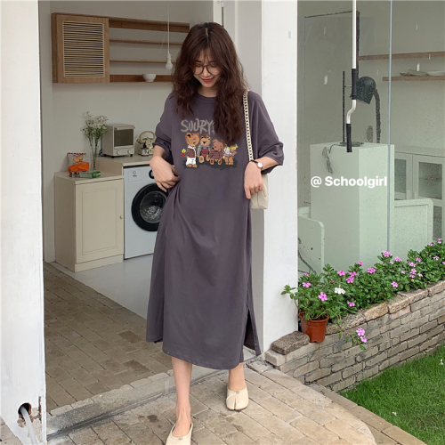 Actual shot of Korean style new summer bear short-sleeved loose side slit long knee-length loose dress for women