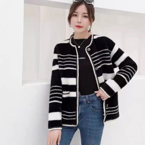 2024 new style small fragrant imitation mink striped sweater lazy style cardigan coat Hong Kong style sweater