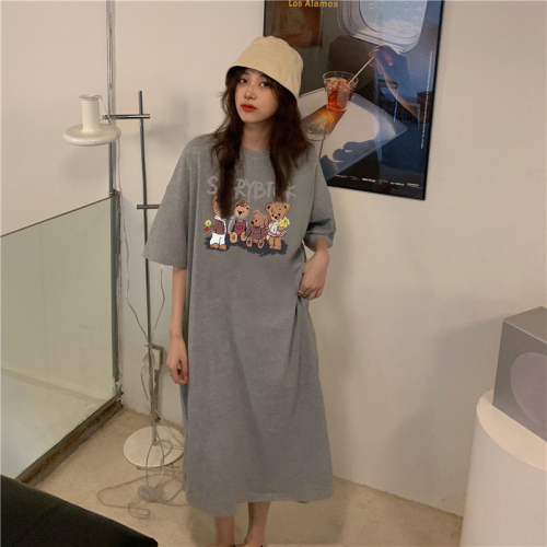 Actual shot of Korean style new summer bear short-sleeved loose side slit long knee-length loose dress for women