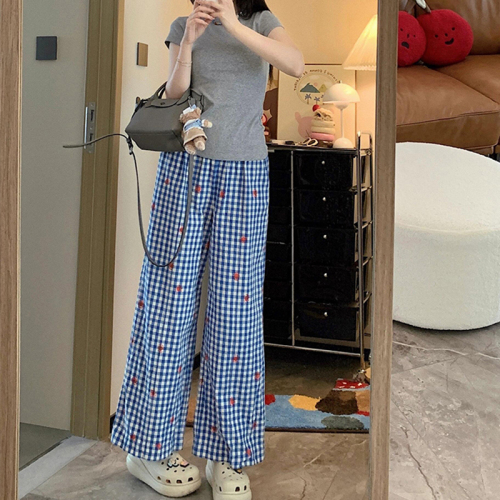 Blue Plaid Loose Wide Leg Pants Women's Summer Korean Style Lazy Style Dopamine Straight Walking Pants