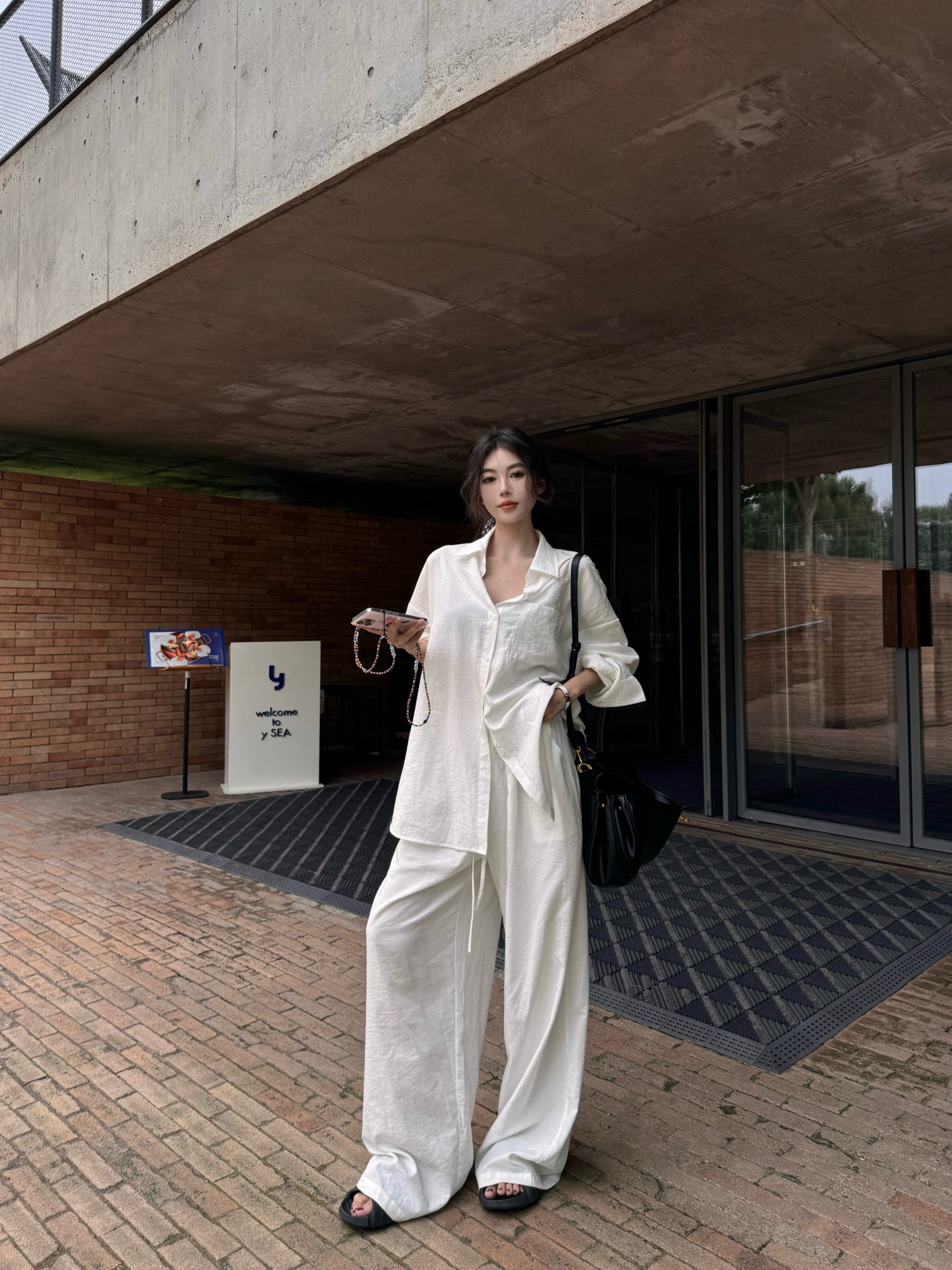 Actual shot of light oxygen lazy suit, loose casual shirt, cardigan, high waist tie, linen casual wide leg pants