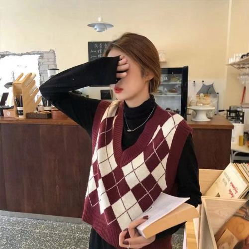 Spring and Autumn American retro college style outer layering diamond V-neck waistcoat knitted vest sweater vest for women