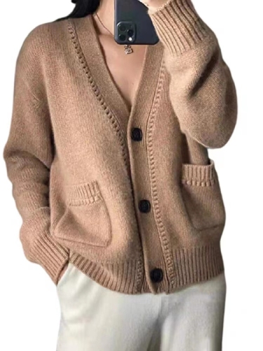 Cardigan V-neck cardigan for women 2024 autumn cashmere sweater loose solid color knitted bottoming top