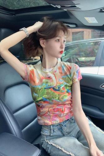 Short-sleeved T-shirt for women summer colorful American print design ins hot girl short shoulder top