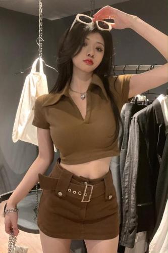 Trendy short-sleeved T-shirt for women summer 2024 new style short tight high-waisted slimming top