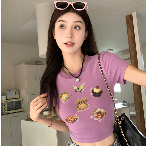 Dopamine Wear Short Sleeve Summer Sweet Hot Girl Cartoon High Waist Right Shoulder Tight Cropped Top