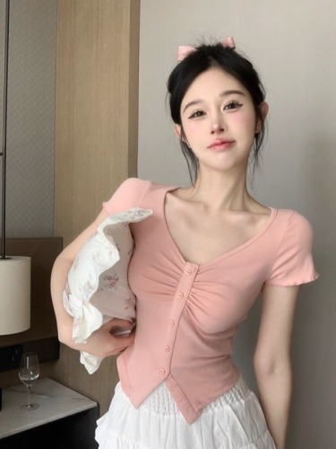 260 free-cut short-fitting hot girl one-shoulder pleated irregular short-sleeved top