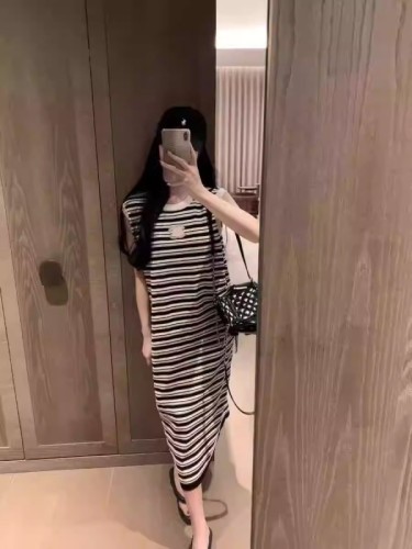 Lazy style striped fashionable age-reducing vest dress versatile slimming mid-length casual straight high-end embroidered dress