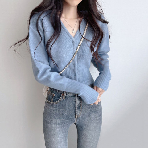 Waist niche knitted sweater for women early autumn new style black sweater jacket short high-end cardigan