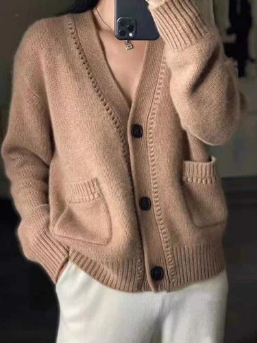 Cardigan V-neck cardigan for women 2024 autumn cashmere sweater loose solid color knitted bottoming top