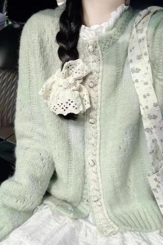 Green lace design knitted sweater cardigan for women 2024 new autumn literary retro lazy jacket top