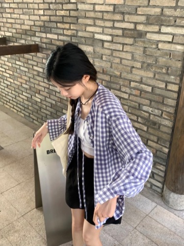 Actual shot~Korean summer casual design purple plaid loose and versatile shirt sun protection cardigan~