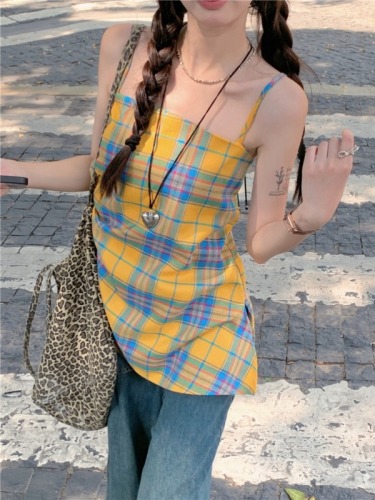 Actual shot of new design slit irregular yellow plaid suspender top for women