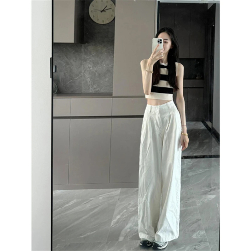 Summer high-end design striped slim-fitting sleeveless vest top for women high-waisted straight relaxed wide-leg pants